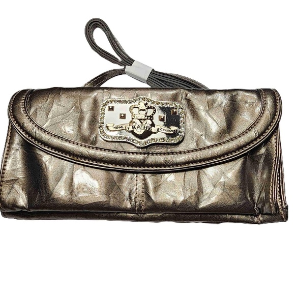 Kathy Van Zeeland Silver Gray Convertible Clutch Crossbody Purse Metal Logo - Picture 3 of 8